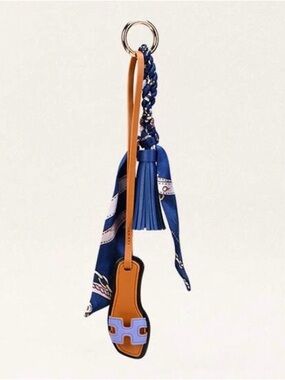 Keychain/Bag Charm Silk Scarf, Blue Leather Tassel & Hermes-Inspired Sandle